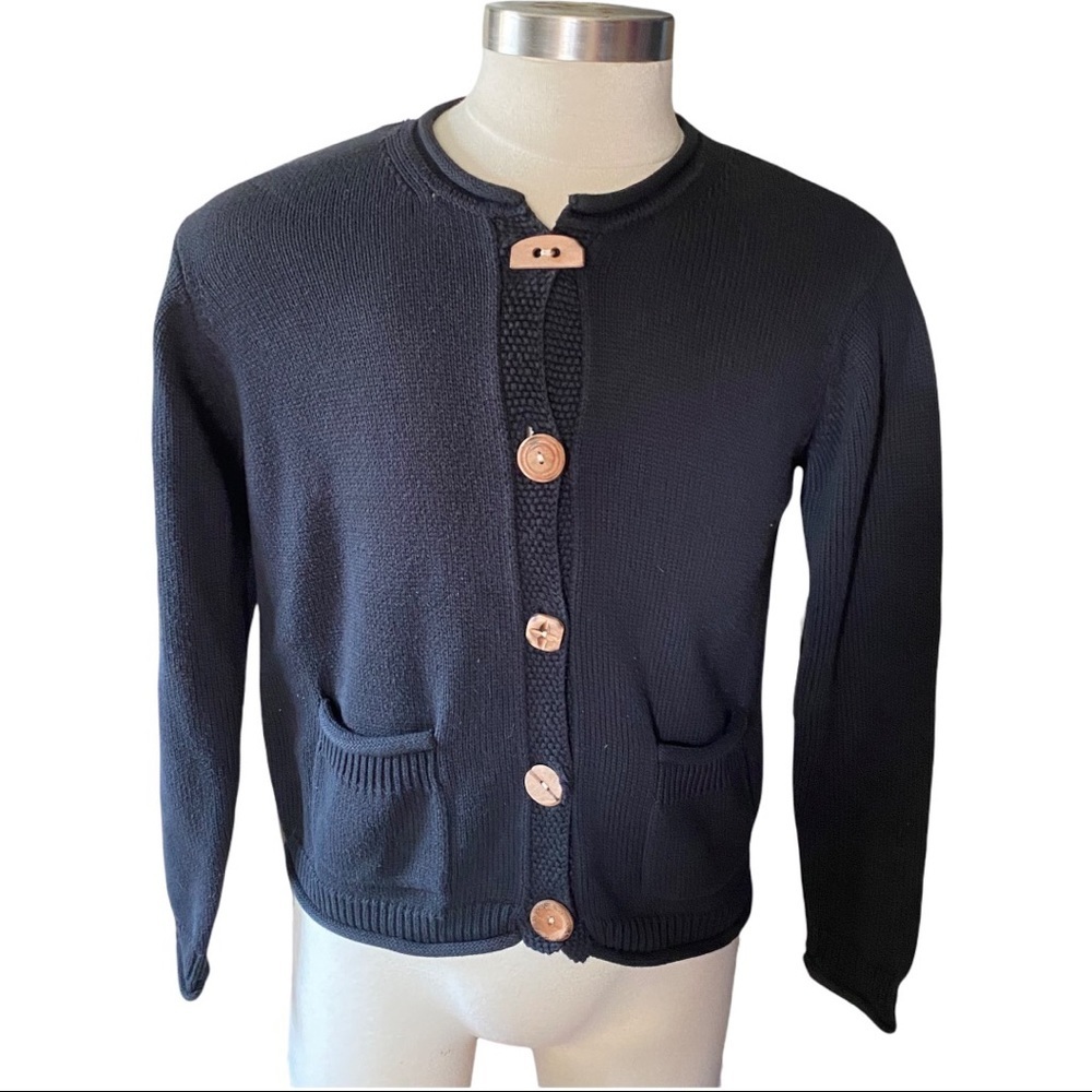 Orvis Navy Knit 100% Cotton 5 Wood Buttons Front Cardigan Sweater Women Medium